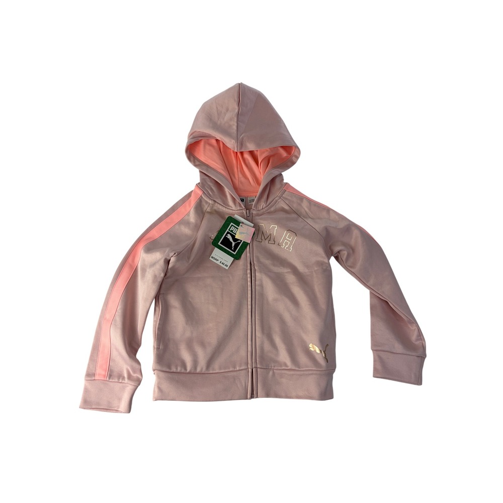 Puma Girls Jacket Size 4 Full Zip Hoodie Foil Logo Stripe Pink Track NWT